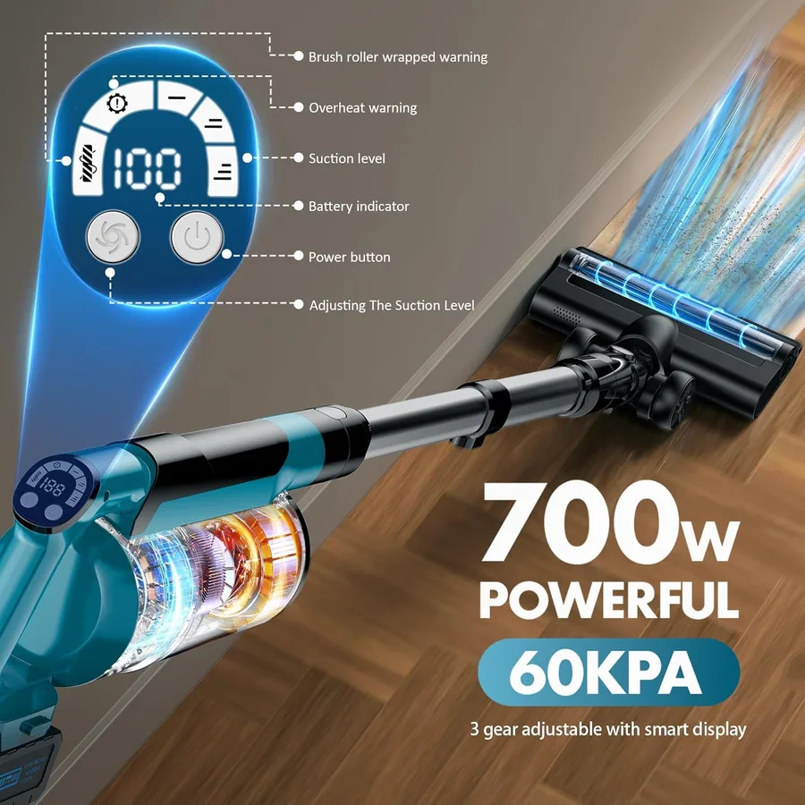 700W Brushless Motor, Up to 60KPa Suction